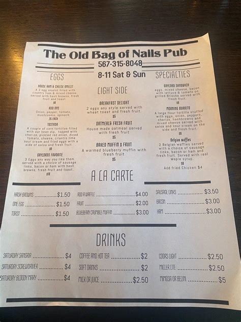 old bag of nails menu with prices.